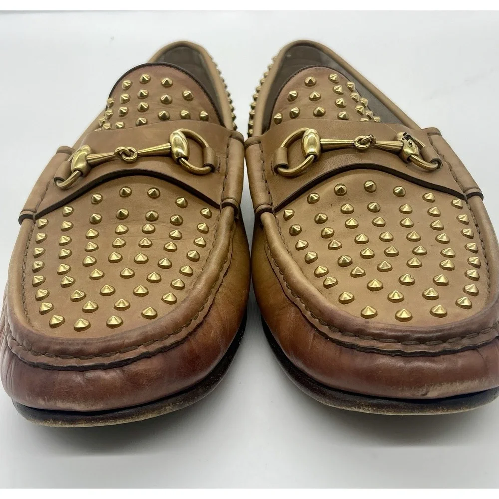 Gucci Mens Shoes Brown Leather Horsebit Loafers Studded Designer Us 12 Preppy